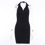 WannaThis Halter V-Neck Mini Dresses Front Button Backless Elastic Knitted Sexy Sleeveless Off Shoulder Summer New Elegant Dress