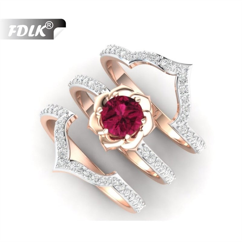 3Pcs/Set Exquisite Rose Gold Flower Ring