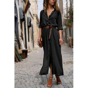 Autumn Winter Button Side Split Long Dress Women Solid Casual Loose Dress