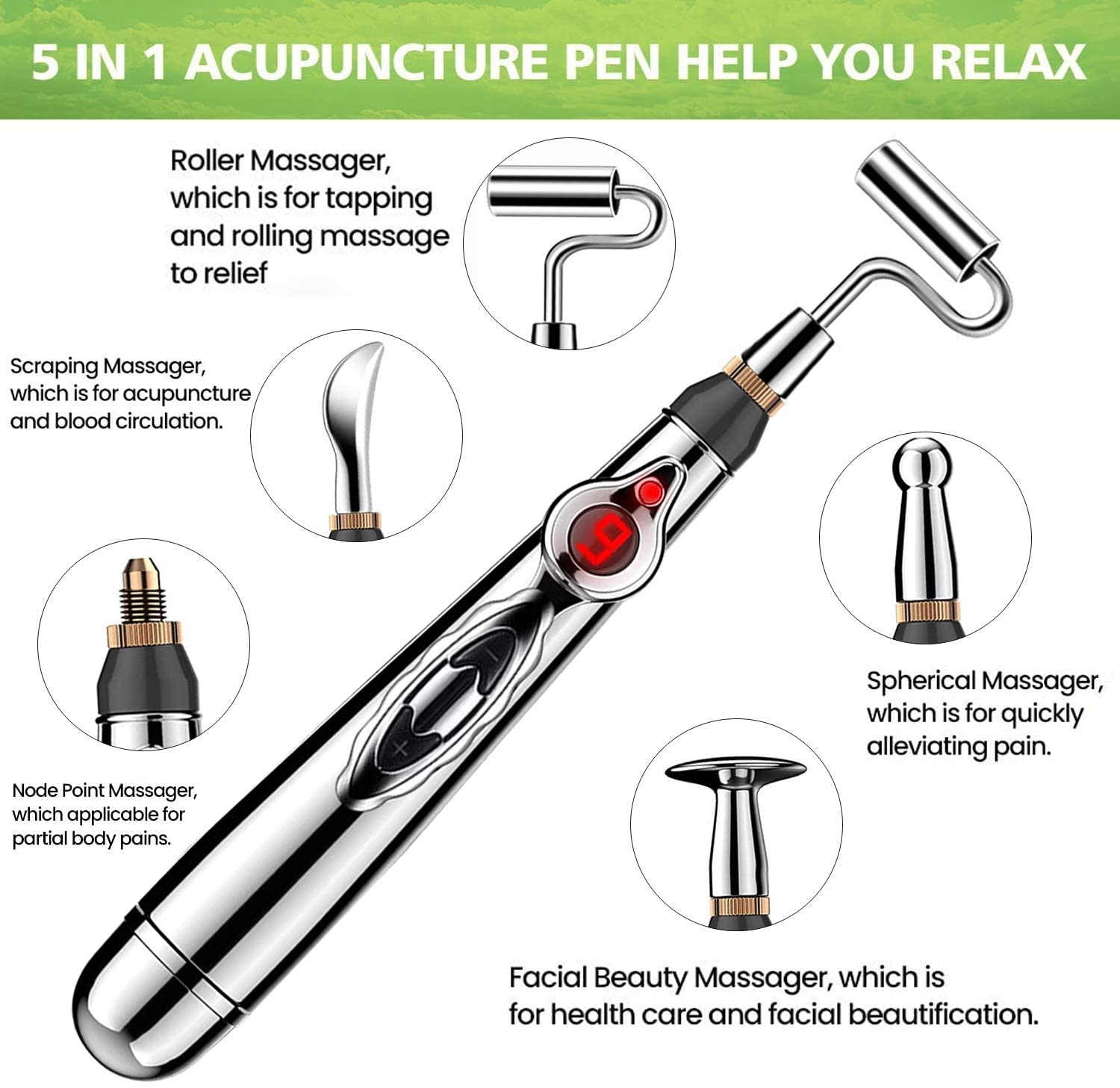 5 in 1 Electronic Acupuncture Pen with 5 Pain Relief Therapy Massage