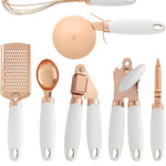 7 Pcs Kitchen Gadget Set Copper Coated Stainless Steel Utensils with Soft Touch Rose Gold Garlic Press Pizza Cutter