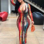 Women Plus Size Dress Tie Dye Full Sleeve V-neck Stretchy Skinny Boydcon Pencil Long Maxi Dresses Sexy Vestidos Autumn