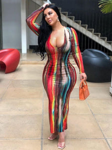 Women Plus Size Dress Tie Dye Full Sleeve V-neck Stretchy Skinny Boydcon Pencil Long Maxi Dresses Sexy Vestidos Autumn