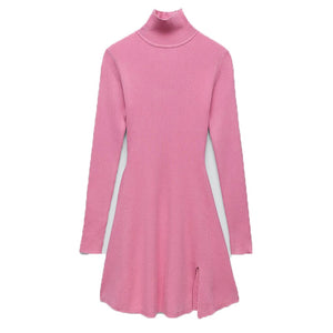 Women Fashion Chic Pink Side Split Slim Knitted Mini Dress Female Elegant Turtleneck Long Sleeve Dresses Vestidos