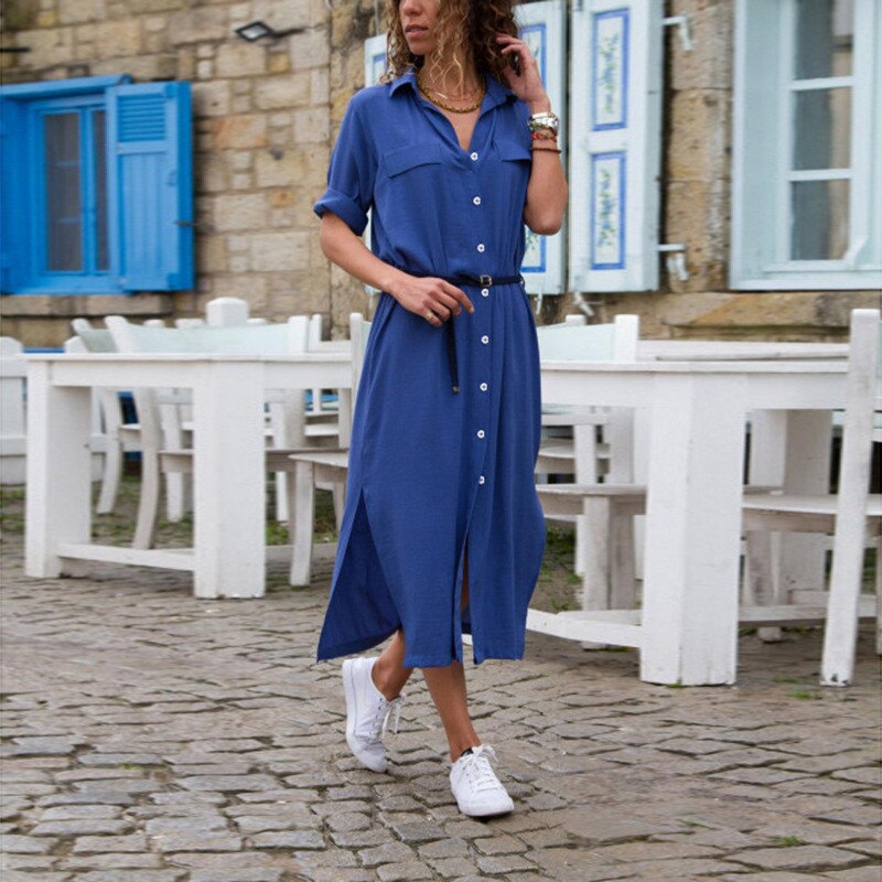 Autumn Winter Button Side Split Long Dress Women Solid Casual Loose Dress