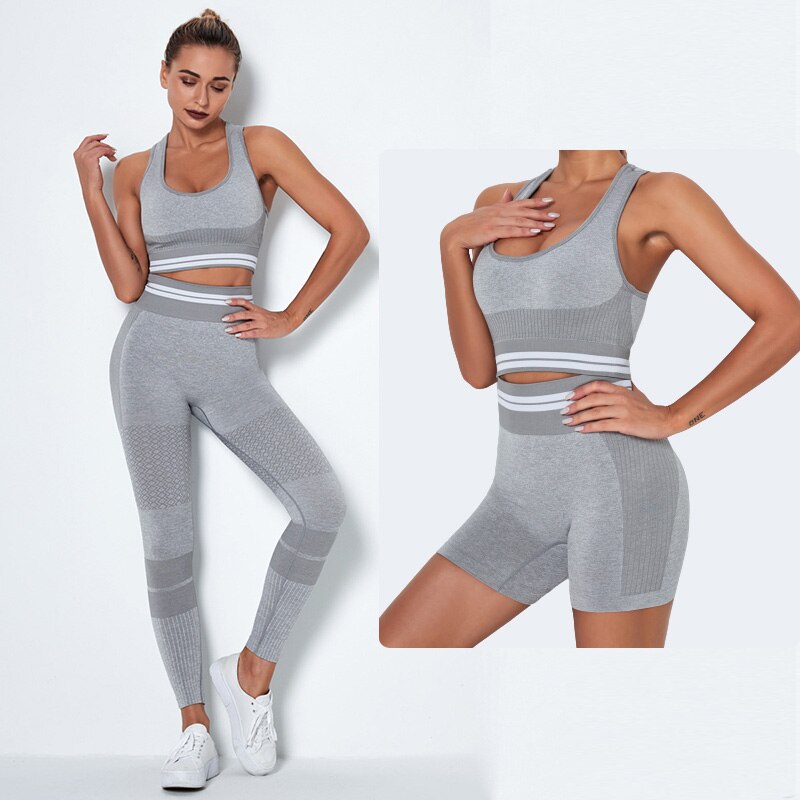 4Pcs Women Vital Seamless Yoga Set Sports Bra+Crop Top Shirts+Shorts+High Waist Leggings