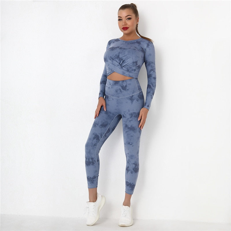 Tie Dye Yoga Suits 2 Pcs Long Sleeve Shirts+High Waist Leggings