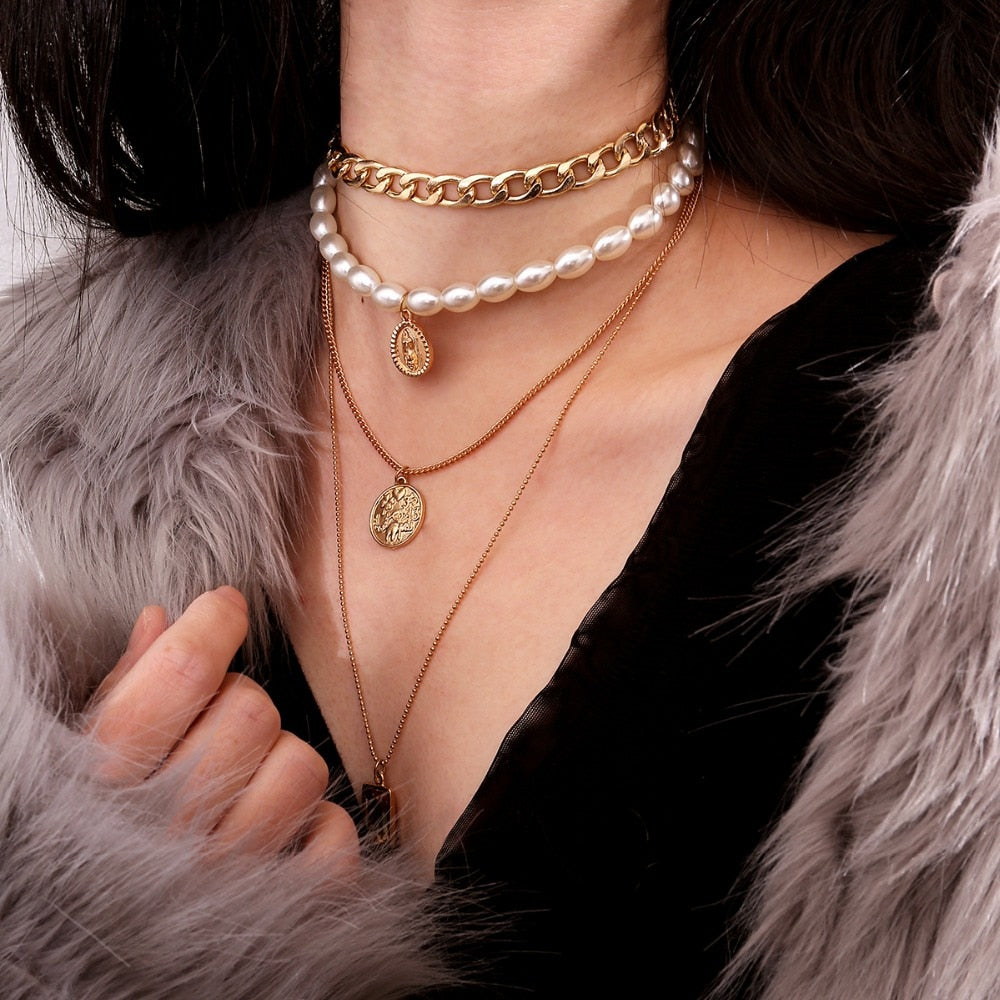 Punk Multi Layered Pearl Choker Necklace Collar