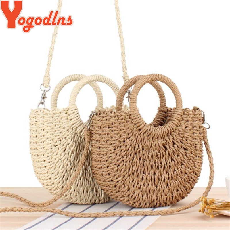 Yogodlns Handmade Half-Round Rattan Woven Straw Bag