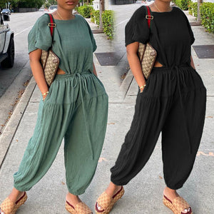 Women's Elastic Cotton And Linen Fashion Casual Wide Leg Pants Solid Color Two Piece Suit