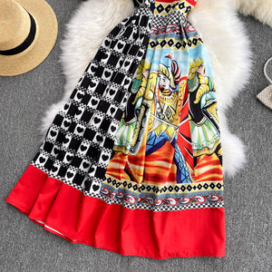 Summer DressePrint Color Matching Slim Mid Length Suspender Off Shoulder Dress