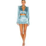 Women Suit  Long Sleeve Feather Short  Blazers Skirts Top