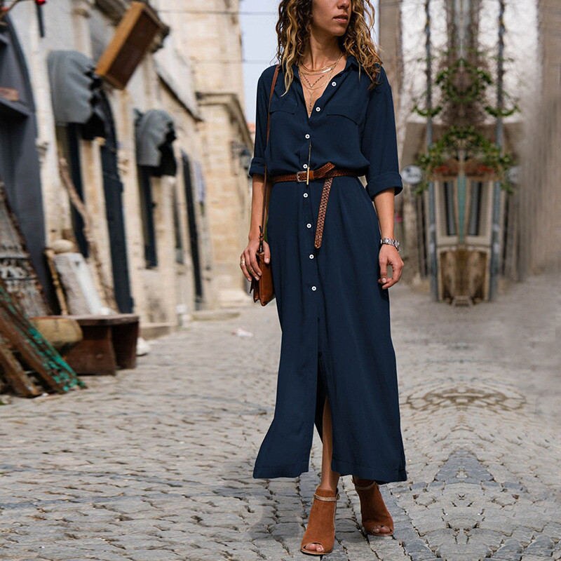 Autumn Winter Button Side Split Long Dress Women Solid Casual Loose Dress