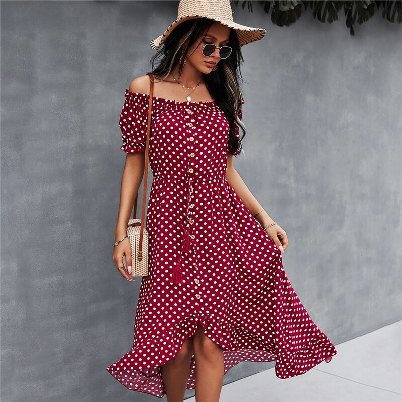 Ladies Vintage Maxi Polka Dot Print Summer Dress Women Casual Off Shoulder Sexy Button Long Women Beach Dress