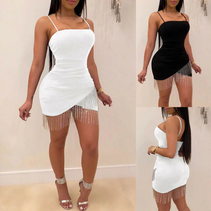 Sexy Dresses Woman Party Night Birthday Tassel Split Sleeveless Bodycon Dress Summer Elegant Suspender Short Mini Pencil Dresses