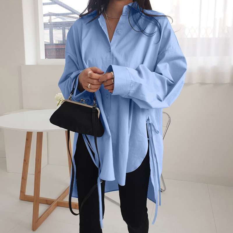 Stylish Solid Shirts Women's Asymmetrical Blouse ZANZEA Casual Lace Up Blusas Female Button Lapel Shirt Oversized Tunic