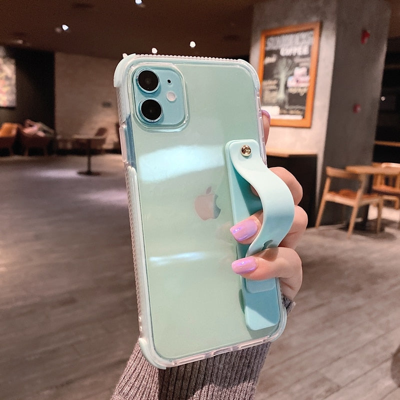 Soft Transparent Wrist Strap Phone Case For iPhone 11 12 mini Pro Max X XR Xs Max 7 8 Plus SE  Kickstand Cases Cover