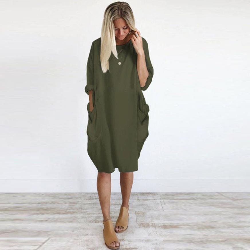 Feitong Plus Size Boho Womens Dress Ladies Casual Pocket Loose Dress Crew Neck Mini Tops Dress