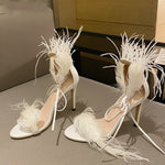 2021 New Fashion With Feather Open Toe Strap High Heels