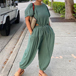 Women's Elastic Cotton And Linen Fashion Casual Wide Leg Pants Solid Color Two Piece Suit