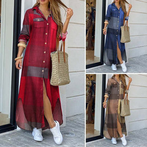 Long Sleeve Dress Checked Plaid Robe Maxi Beach Dress Summer Elegant Women Button Long Shirt Dress