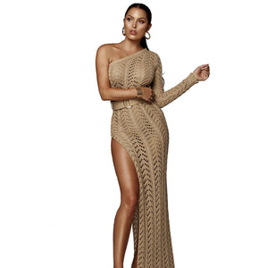 Sexy High Slit Knitted Dress One Shoulder Hollow Out Women Crochet Dresses  Long Crocheted Beach Dress Vestidos