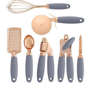 7 Pcs Kitchen Gadget Set Copper Coated Stainless Steel Utensils with Soft Touch Rose Gold Garlic Press Pizza Cutter