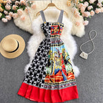 Summer DressePrint Color Matching Slim Mid Length Suspender Off Shoulder Dress