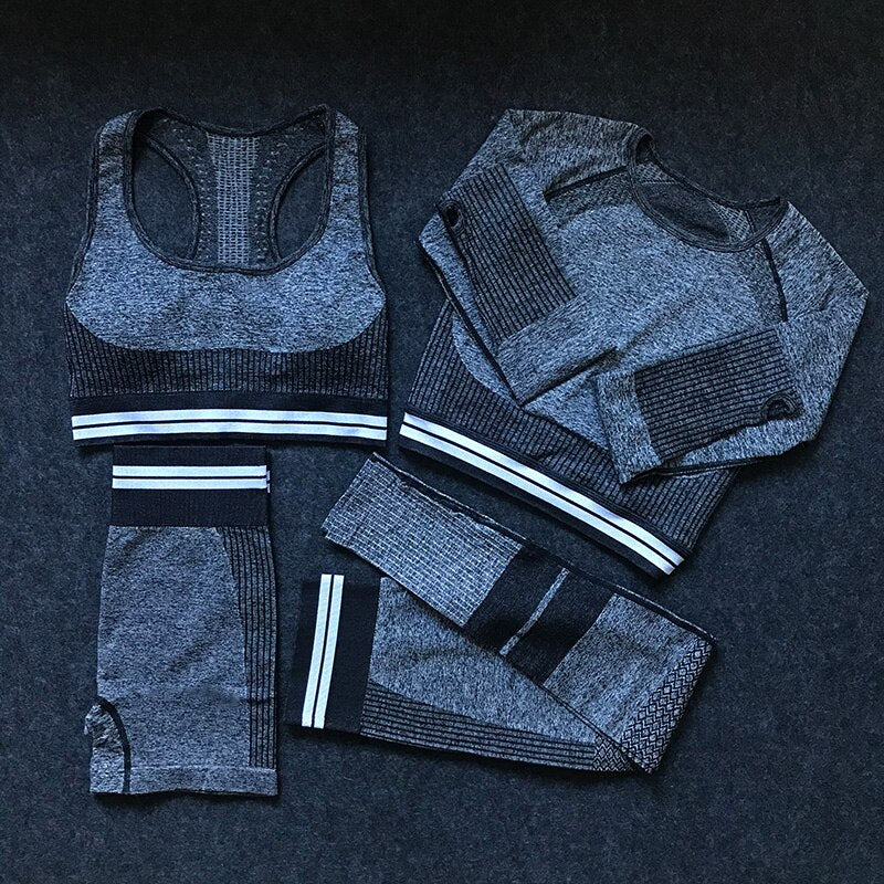 4Pcs Women Vital Seamless Yoga Set Sports Bra+Crop Top Shirts+Shorts+High Waist Leggings