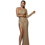 Sexy High Slit Knitted Dress One Shoulder Hollow Out Women Crochet Dresses  Long Crocheted Beach Dress Vestidos