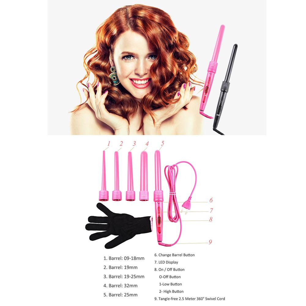 5 Part Interchangeable Hair Curling Iron Machine Ceramic Hair Curler Multi-size Roller Heat Resistant Glove Styling Set