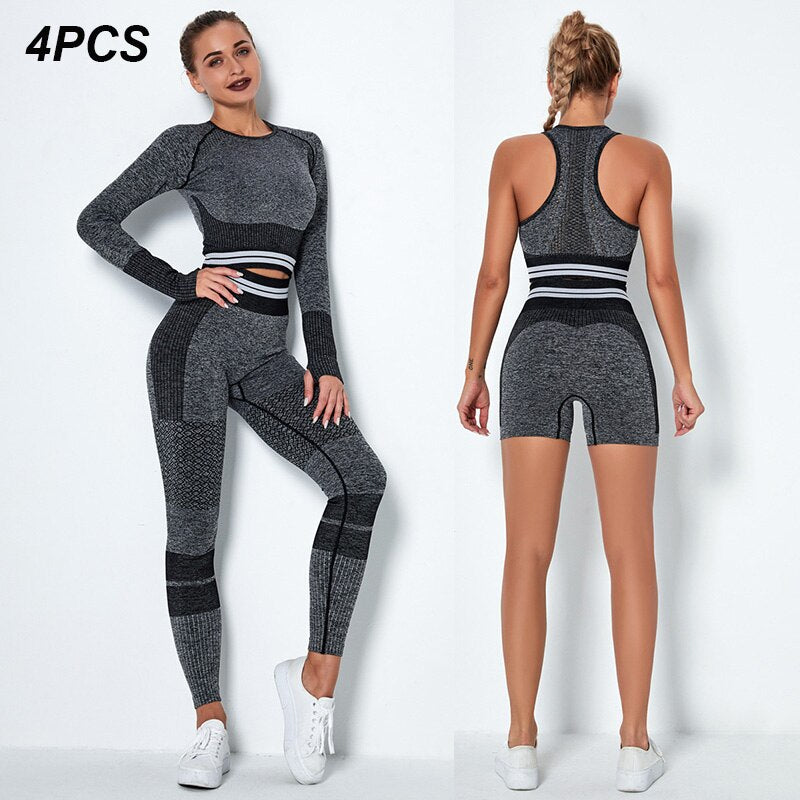 4Pcs Women Vital Seamless Yoga Set Sports Bra+Crop Top Shirts+Shorts+High Waist Leggings