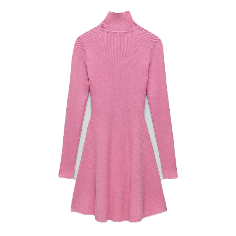 Women Fashion Chic Pink Side Split Slim Knitted Mini Dress Female Elegant Turtleneck Long Sleeve Dresses Vestidos