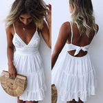 Summer Dress  Bow Dresses  V-neck Sleeveless Beach Backless Lace Patchwork Dress