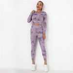 Tie Dye Yoga Suits 2 Pcs Long Sleeve Shirts+High Waist Leggings