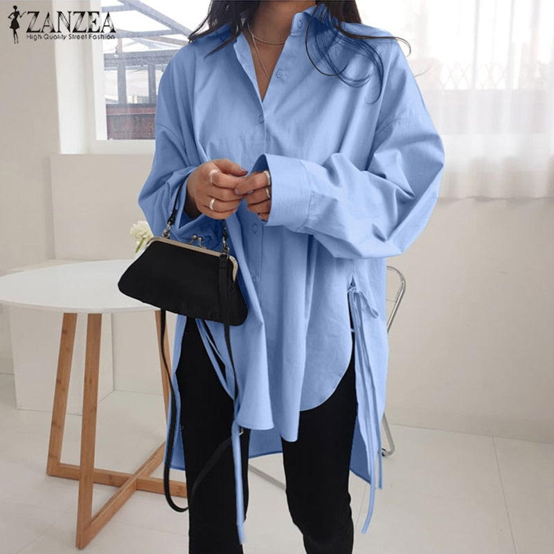 Stylish Solid Shirts Women's Asymmetrical Blouse ZANZEA Casual Lace Up Blusas Female Button Lapel Shirt Oversized Tunic