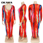 Women Plus Size Dress Tie Dye Full Sleeve V-neck Stretchy Skinny Boydcon Pencil Long Maxi Dresses Sexy Vestidos Autumn