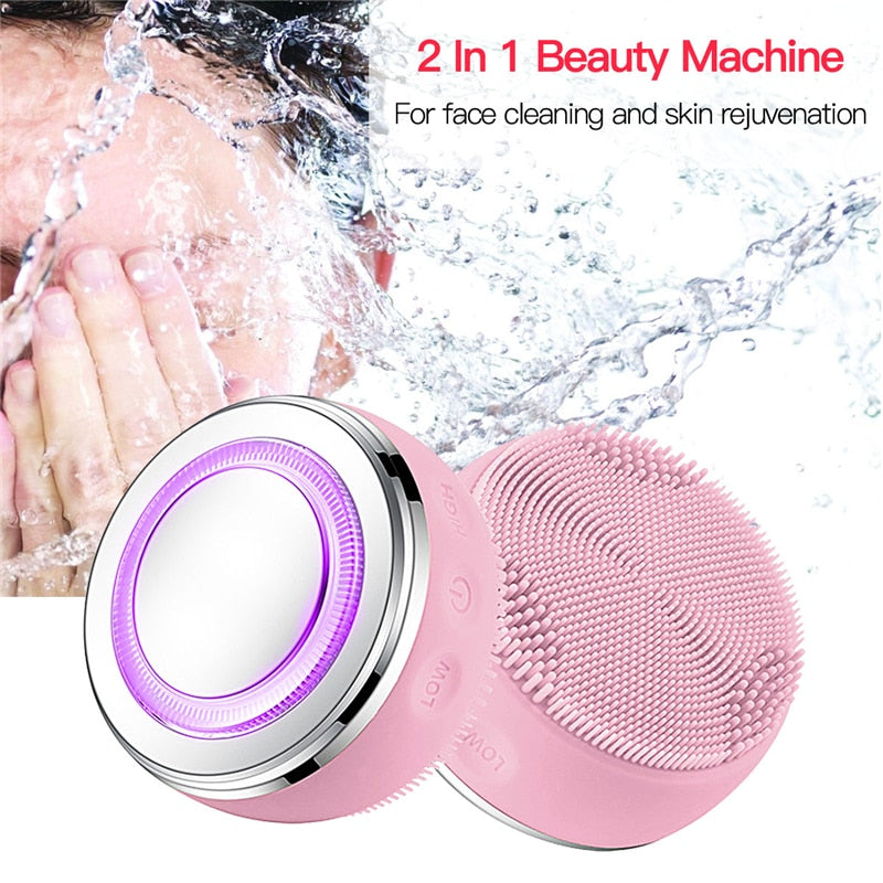 2in1 LED Light Silicone Heating Face Cleanser Massage