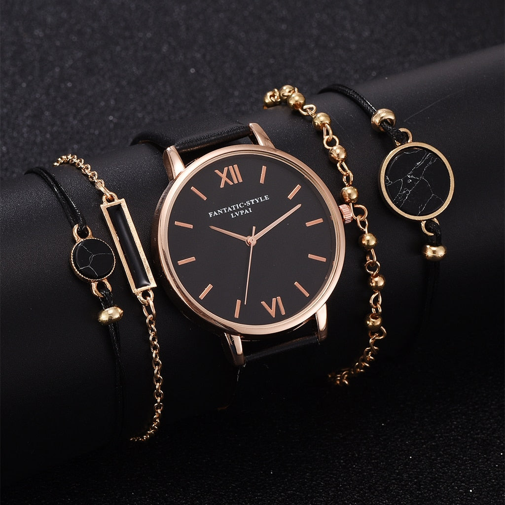 5pcs Woman Quartz Wristwatch Leather Ladies Bracelet Luxury Watch Casual Relogio Femenino