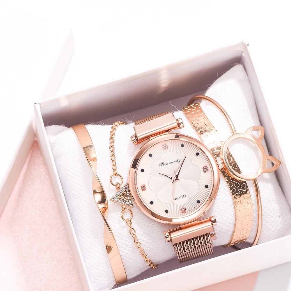 5pcs Set Magnet Buckle Flower Rhinestone Watch Ladies Quartz Wrist Watch