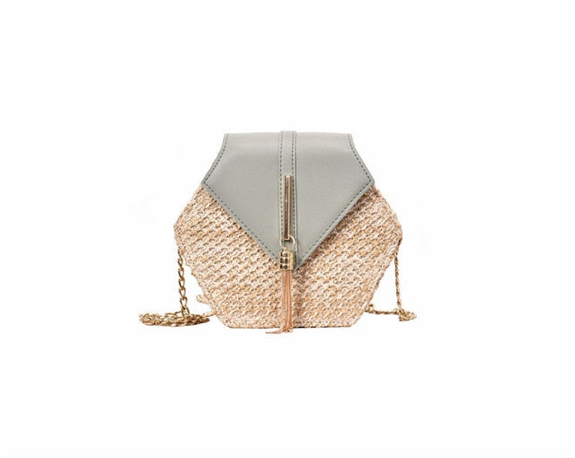 Hexagon Mulit Style Straw+leather Handbag