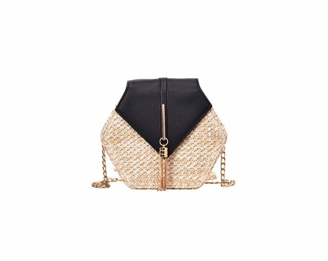 Hexagon Mulit Style Straw+leather Handbag