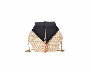 Hexagon Mulit Style Straw+leather Handbag