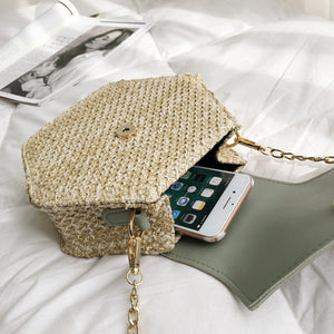 Hexagon Mulit Style Straw+leather Handbag