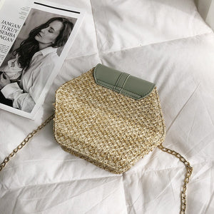 Hexagon Mulit Style Straw+leather Handbag