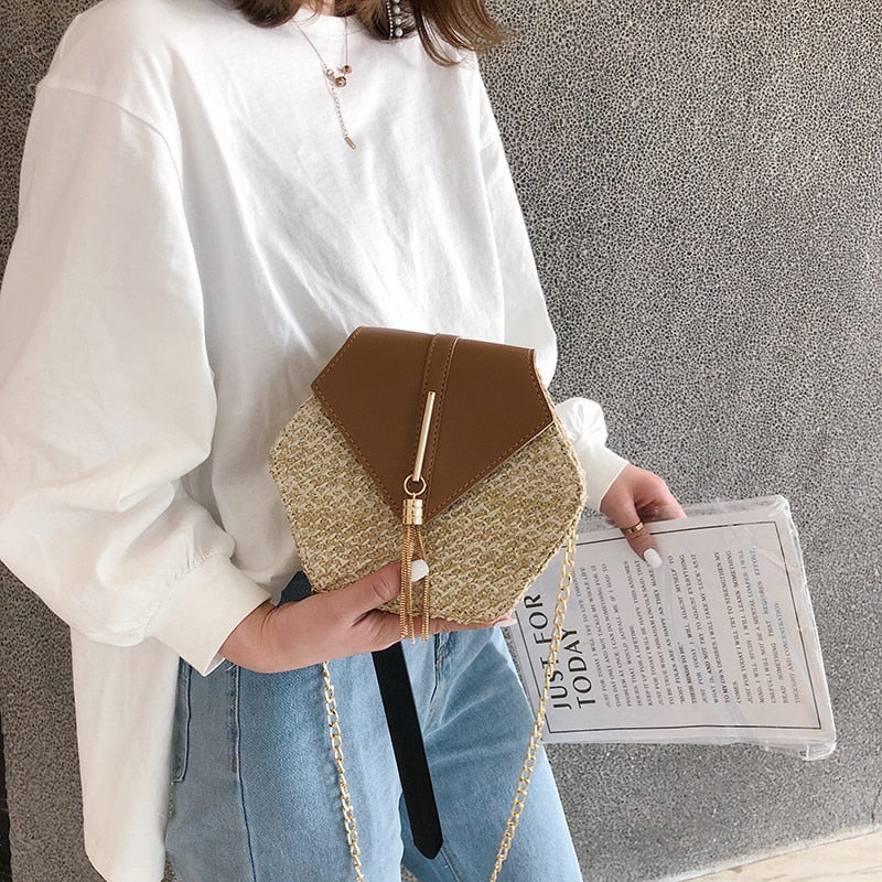 Hexagon Mulit Style Straw+leather Handbag